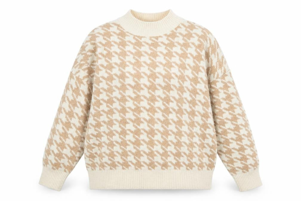 M&Co Womens Beige Mock Neck Floral Acrylic Pullover Jumper Size 18 - Houndstooth pattern