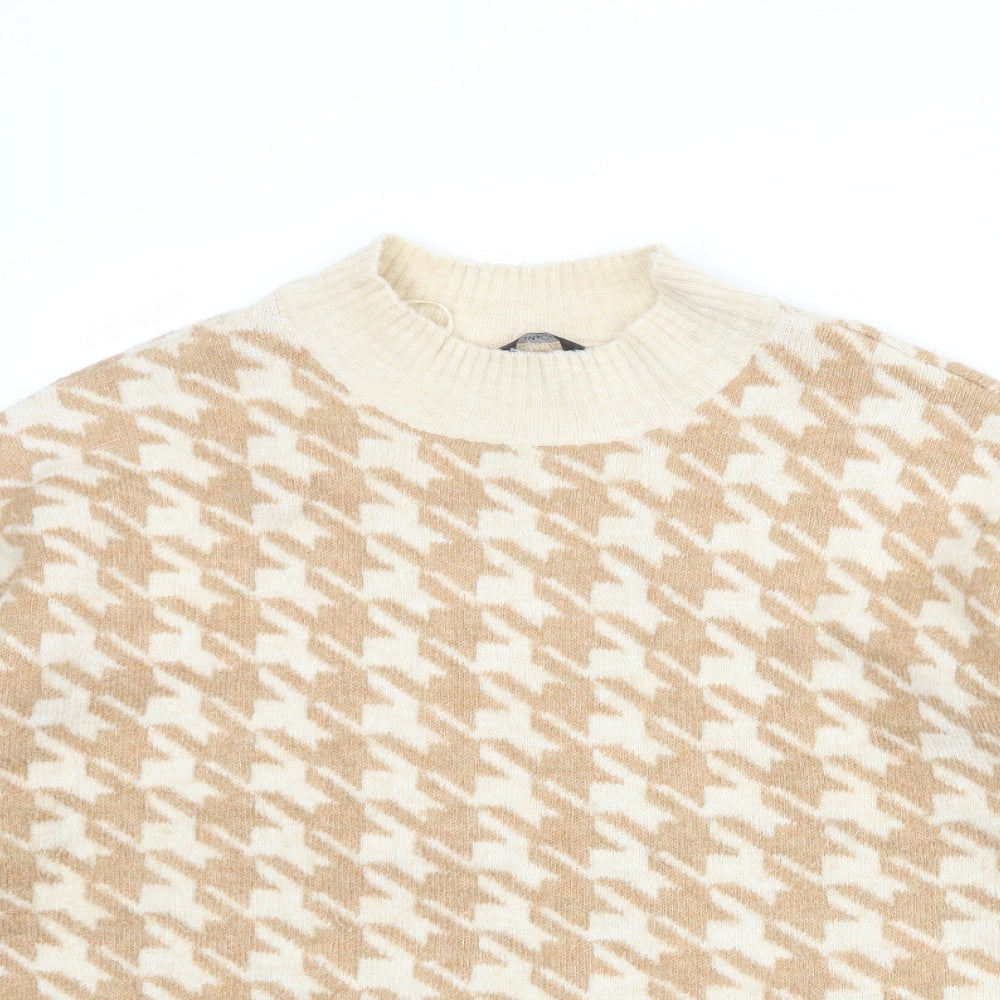 M&Co Womens Beige Mock Neck Floral Acrylic Pullover Jumper Size 18 - Houndstooth pattern