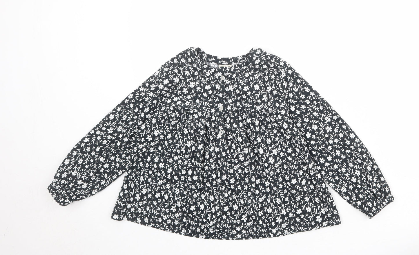 Zara Girls Black Floral Polyester Basic Blouse Size 8 Years Boat Neck Button