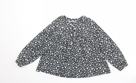 Zara Girls Black Floral Polyester Basic Blouse Size 8 Years Boat Neck Button