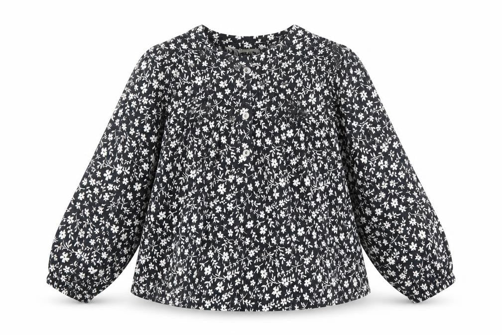 Zara Girls Black Floral Polyester Basic Blouse Size 8 Years Boat Neck Button