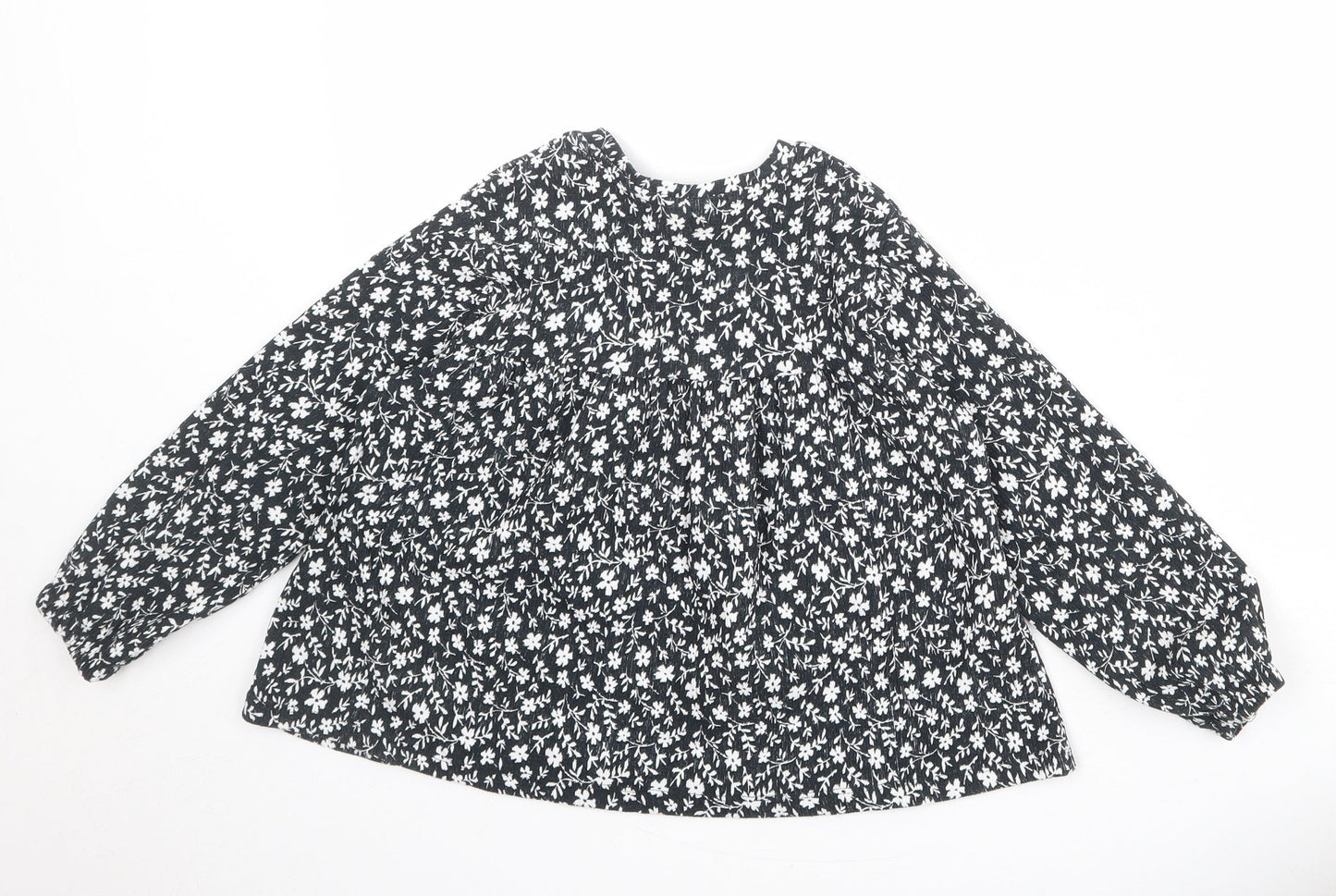 Zara Girls Black Floral Polyester Basic Blouse Size 8 Years Boat Neck Button