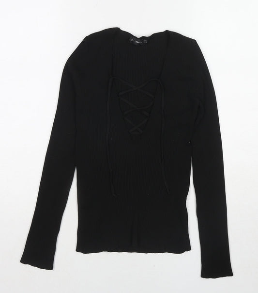 Zara Womens Black Polyamide Basic T-Shirt Size S V-Neck