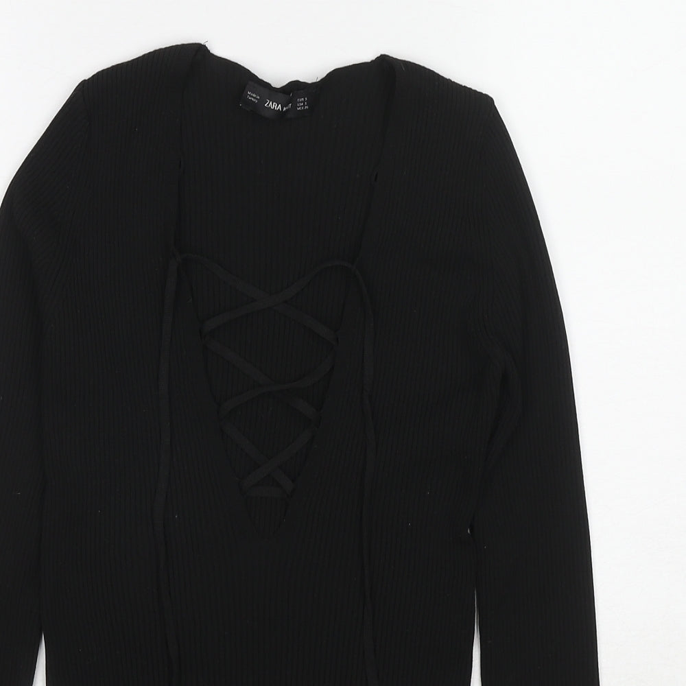 Zara Womens Black Polyamide Basic T-Shirt Size S V-Neck