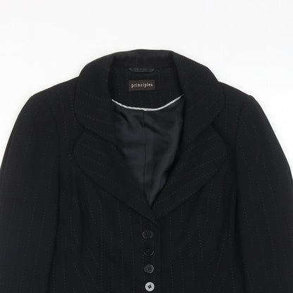 Close-up detail of Principles women’s black pinstripe polyester jacket suit jacket, size UK 12
