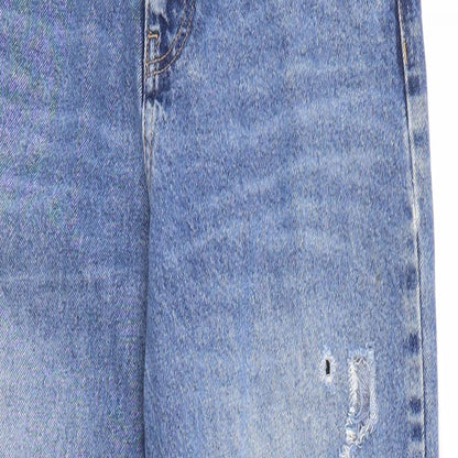 Close-up detail of Denim & Co. women’s blue cotton straight jeans, size UK 8, regular zip