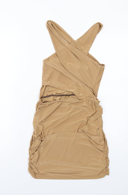 PRETTYLITTLETHING Womens Beige Polyester Mini Size 14 V-Neck Pullover