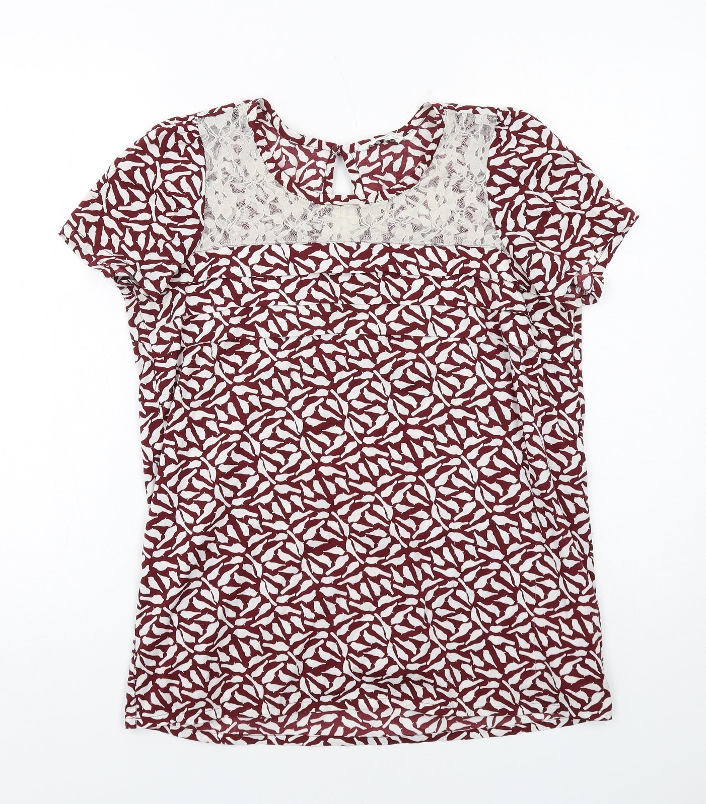 New Look Womens Red Geometric Polyester Basic T-Shirt Size 10 Boat Neck