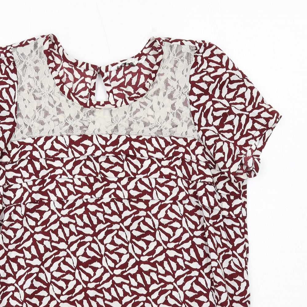 New Look Womens Red Geometric Polyester Basic T-Shirt Size 10 Boat Neck