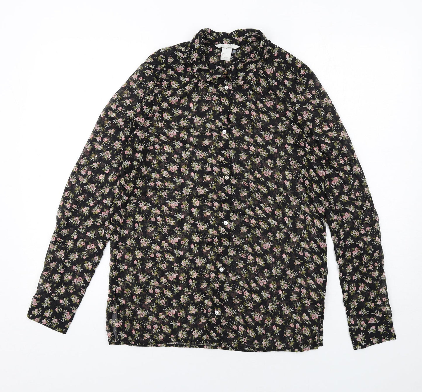 H&M Womens Black Floral Polyester Basic Button-Up Size 8 Collared
