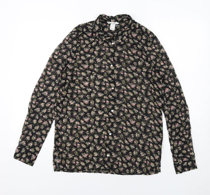 H&M Womens Black Floral Polyester Basic Button-Up Size 8 Collared