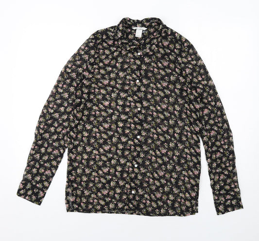 H&M Womens Black Floral Polyester Basic Button-Up Size 8 Collared