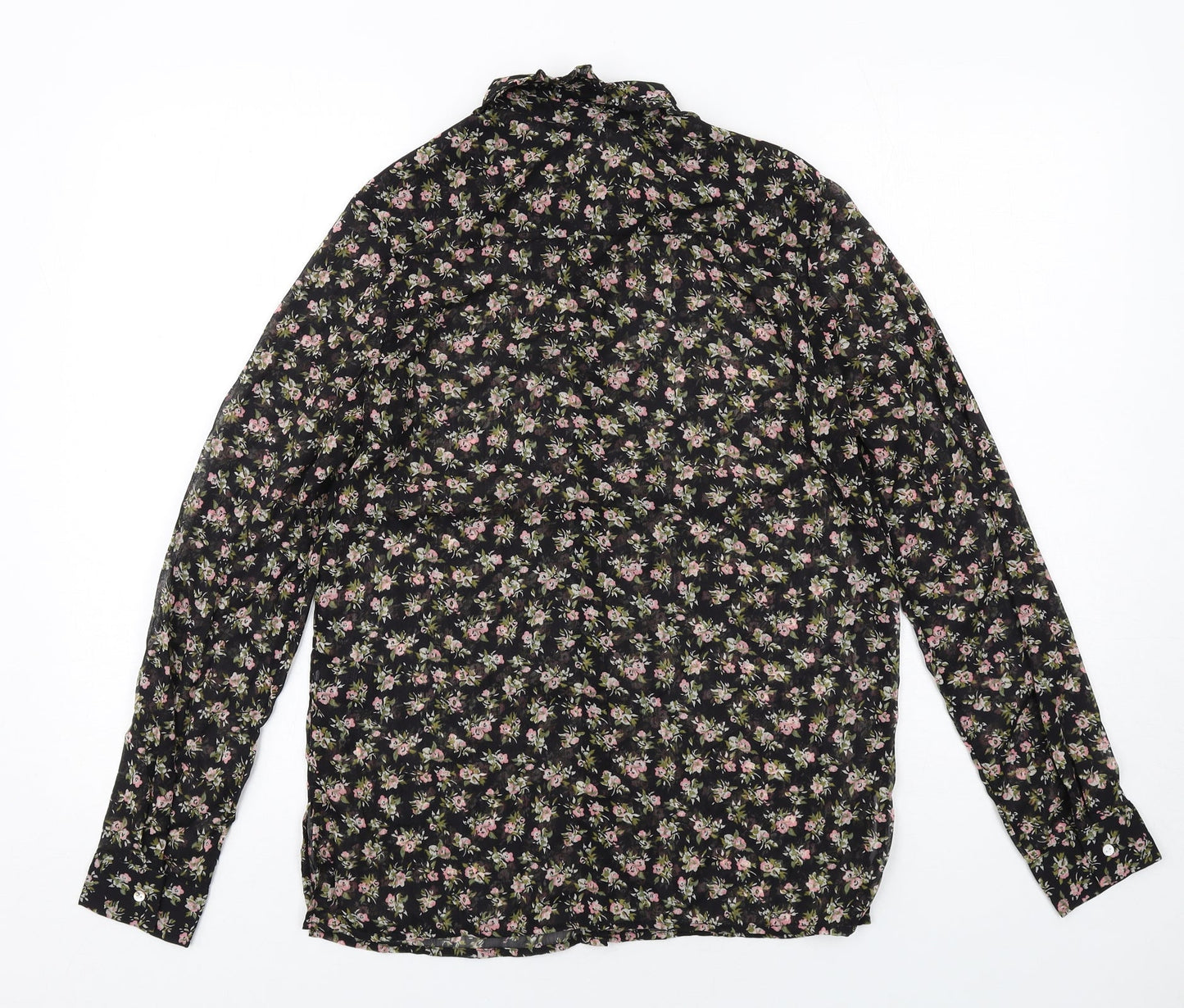 H&M Womens Black Floral Polyester Basic Button-Up Size 8 Collared