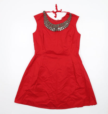 Oasis Womens Red Cotton A-Line Size 14 Round Neck Zip