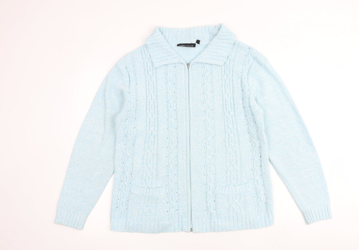 Lauren Taylor Womens Blue Collared Acrylic Full Zip Jumper Size M - Size M/L