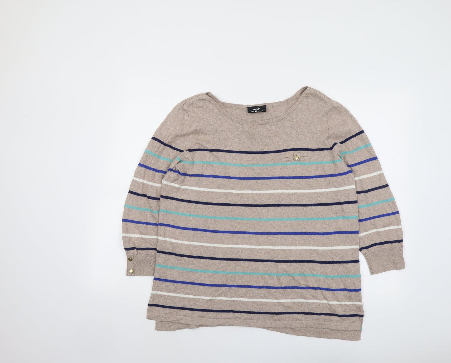 Wallis Womens Beige Round Neck Striped Cotton Pullover Jumper Size 16