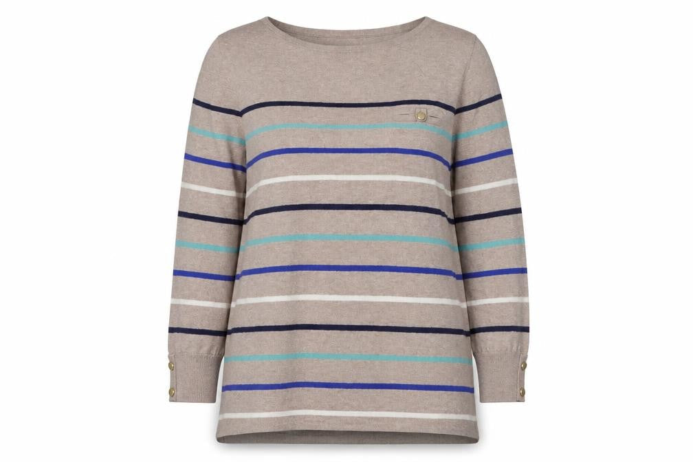 Wallis Womens Beige Round Neck Striped Cotton Pullover Jumper Size 16