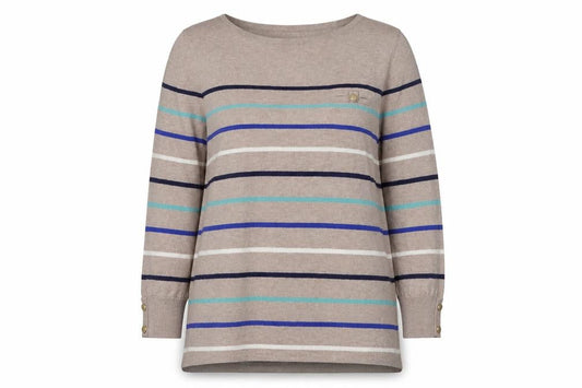 Wallis Womens Beige Round Neck Striped Cotton Pullover Jumper Size 16