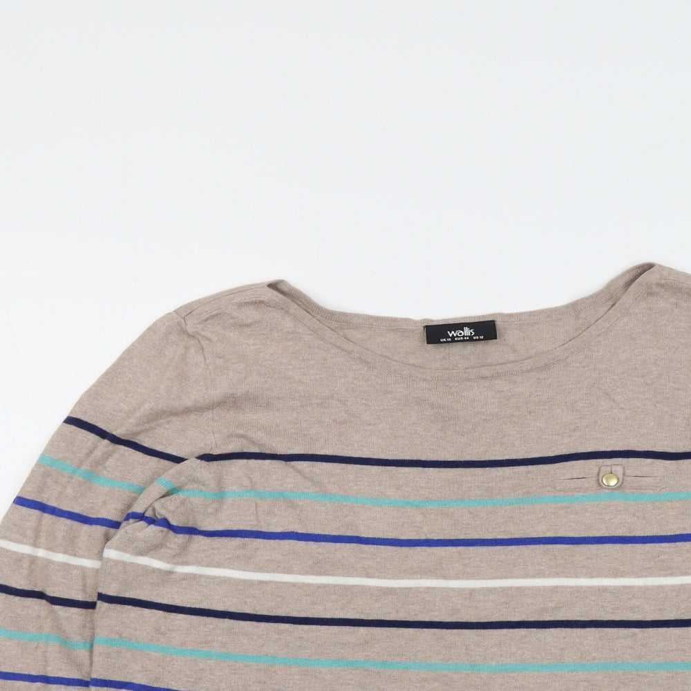 Wallis Womens Beige Round Neck Striped Cotton Pullover Jumper Size 16