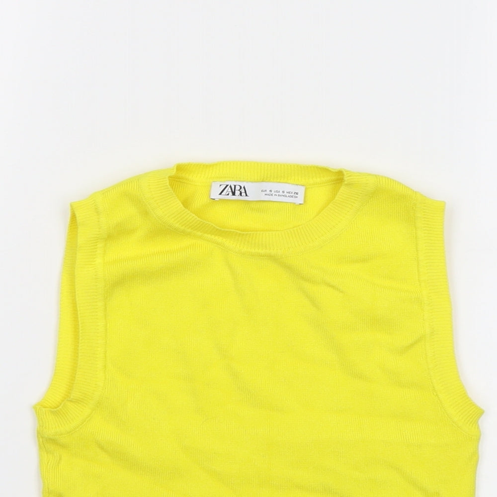 Zara Womens Yellow Viscose Cropped T-Shirt Size S Crew Neck