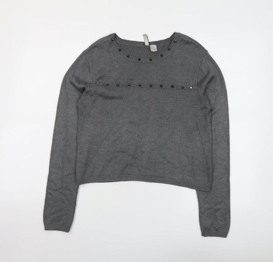 H&M Womens Grey Round Neck Acrylic Pullover Jumper Size S