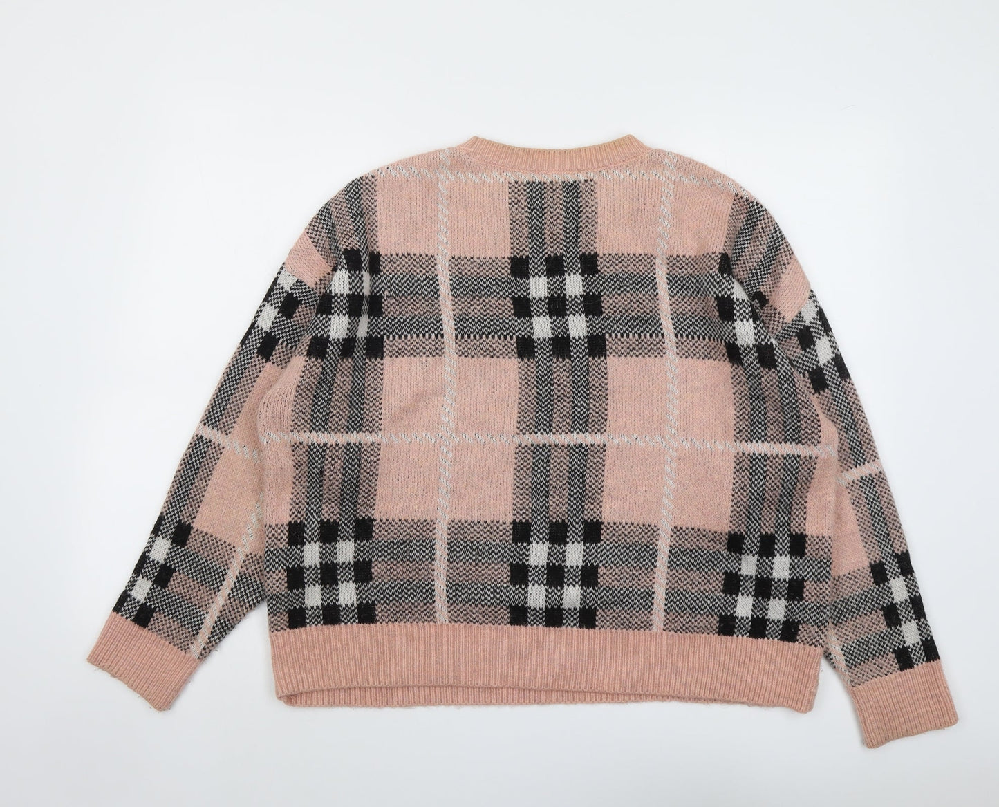 New Look Womens Pink Round Neck Plaid Acrylic Pullover Jumper Size M