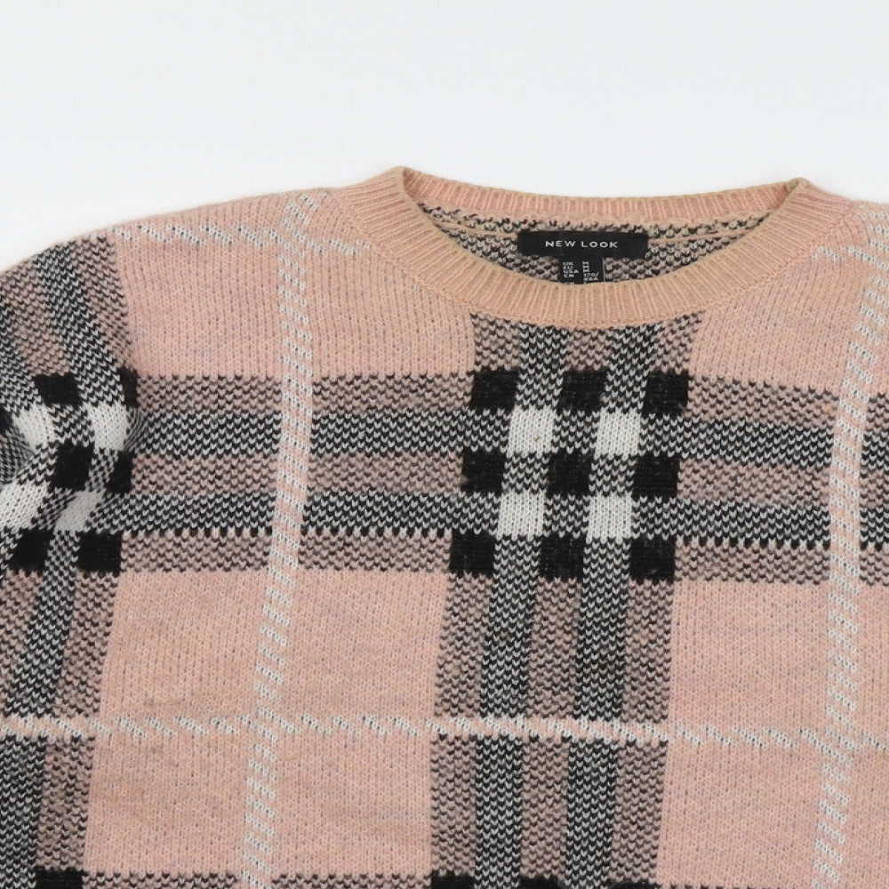 New Look Womens Pink Round Neck Plaid Acrylic Pullover Jumper Size M
