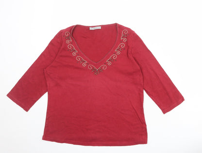 Marks & Spencer Womens Red 100% Cotton Basic Blouse Size 12 V-Neck