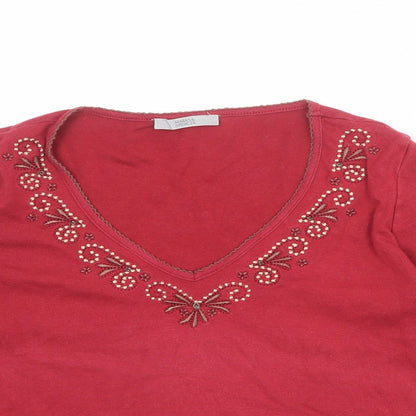 Marks & Spencer Womens Red 100% Cotton Basic Blouse Size 12 V-Neck