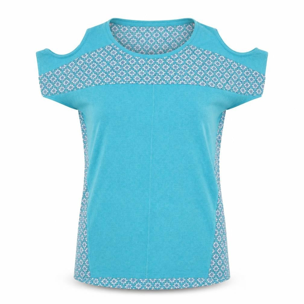 NEXT Womens Blue Geometric Polyester Basic T-Shirt Size 6 Round Neck - Cold Shoulder