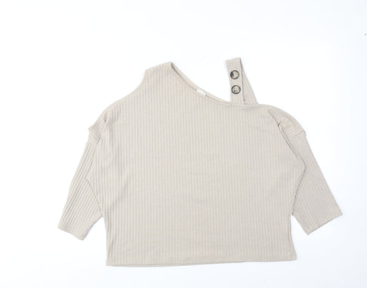 River Island Womens Beige Polyester Cropped T-Shirt Size 14 V-Neck - Asymmetric Neckline