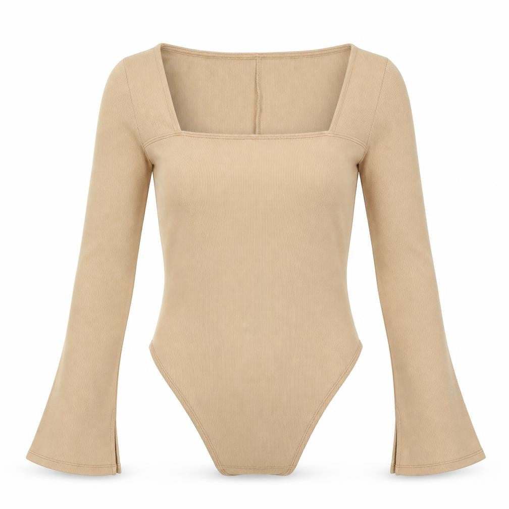 AsYou Womens Beige Polyester Basic Blouse Size 8 Square Neck - Ribbed