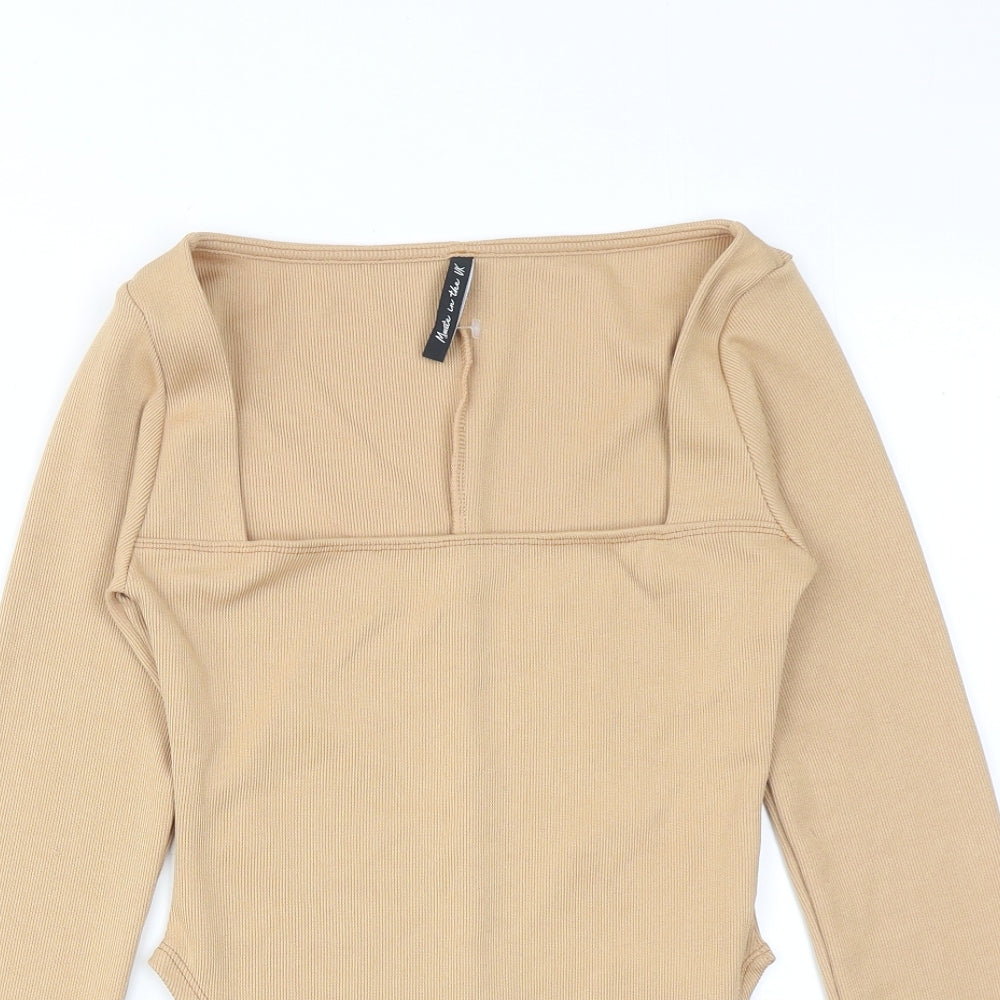 AsYou Womens Beige Polyester Basic Blouse Size 8 Square Neck - Ribbed
