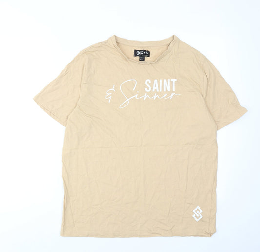 Saint+Sinner Womens Beige Cotton Basic T-Shirt Size 14 Round Neck