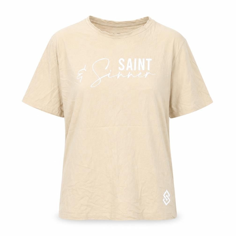 Saint+Sinner Womens Beige Cotton Basic T-Shirt Size 14 Round Neck