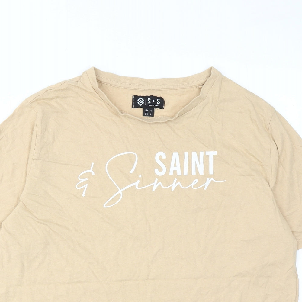 Saint+Sinner Womens Beige Cotton Basic T-Shirt Size 14 Round Neck