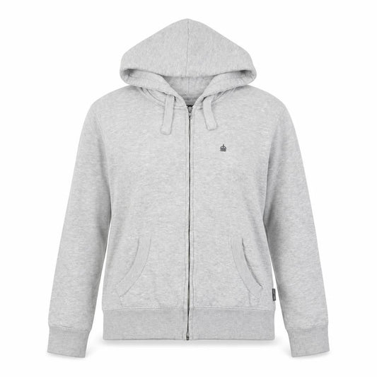 Front view of French Connection women’s grey cotton full zip hoodie, size S, zip