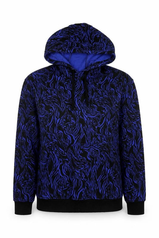 Front view of A.M. London women’s blue geometric cotton pullover hoodie, size UK 8, pullover