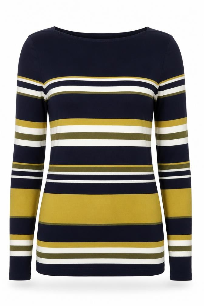Oasis Womens Multicoloured Striped Viscose Basic T-Shirt Size XS Boat Neck