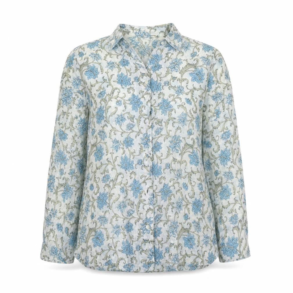 People Tree Womens Blue Floral Polyester Basic Button-Up Size M Collared
