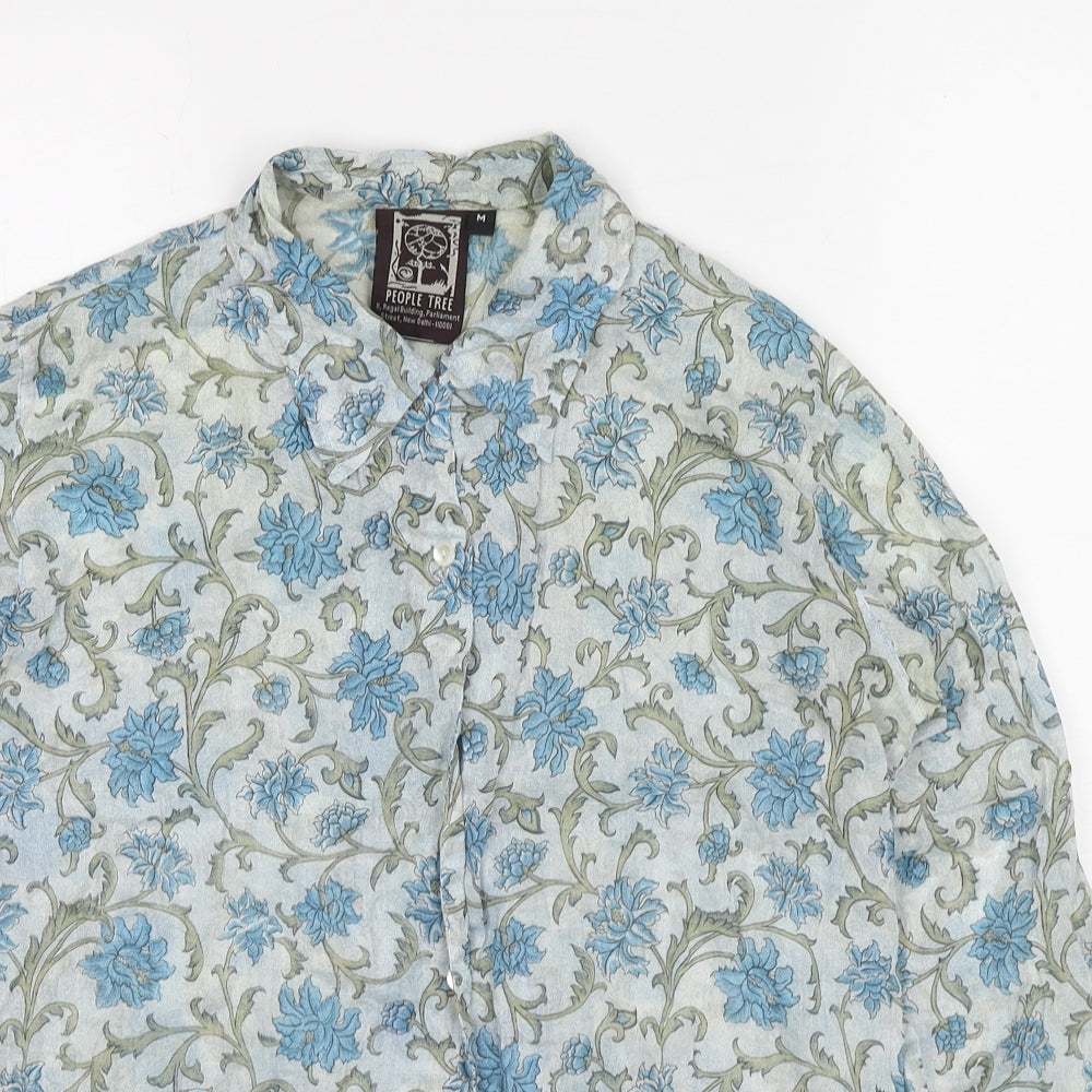 People Tree Womens Blue Floral Polyester Basic Button-Up Size M Collared