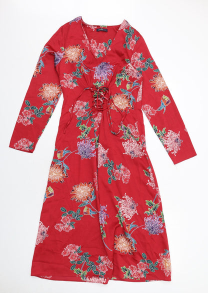Limited Edition Womens Red Floral Polyester A-Line Size 8 V-Neck Pullover