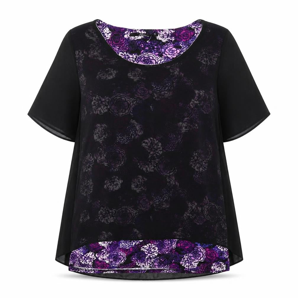Bonmarché Womens Black Floral Polyester Basic Blouse Size 14 Boat Neck
