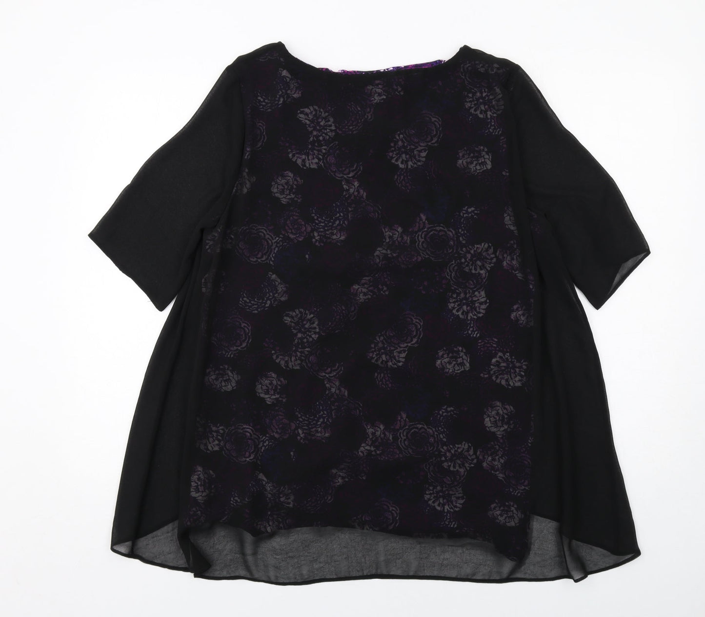 Bonmarché Womens Black Floral Polyester Basic Blouse Size 14 Boat Neck