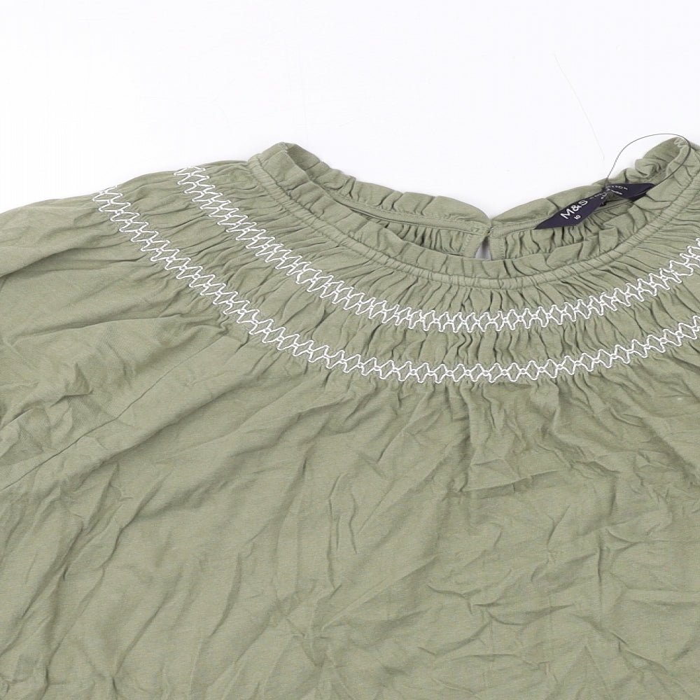Marks and Spencer Womens Green Cotton Basic Blouse Size 10 Round Neck