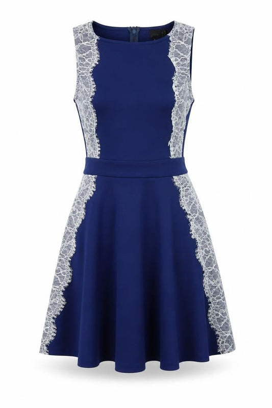 ASOS Womens Blue Polyester Skater Dress Size 12 Round Neck Zip - Lace Details