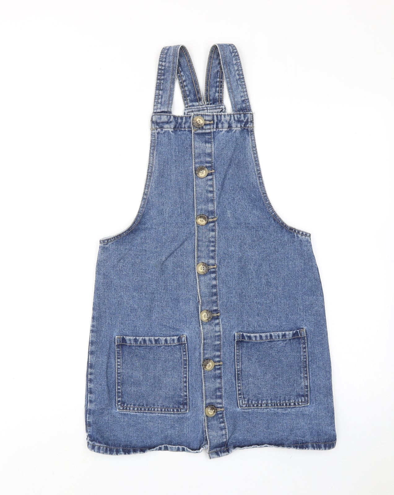 Denim & Co. Womens Blue Cotton Pinafore/Dungaree Dress Size 8 Square Neck Button
