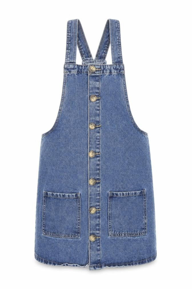 Denim & Co. Womens Blue Cotton Pinafore/Dungaree Dress Size 8 Square Neck Button
