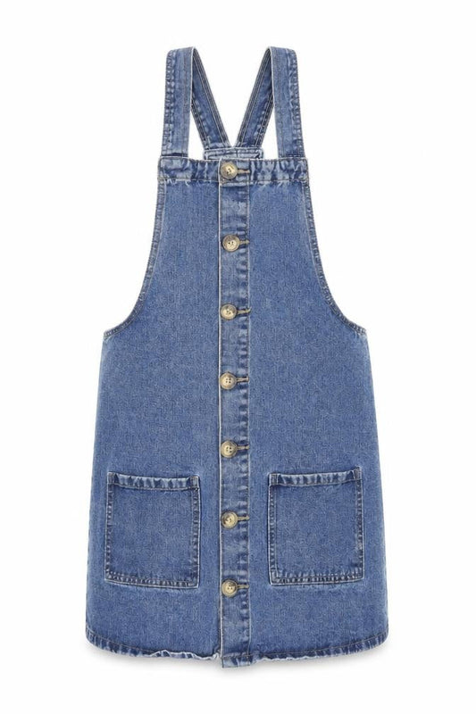 Denim & Co. Womens Blue Cotton Pinafore/Dungaree Dress Size 8 Square Neck Button