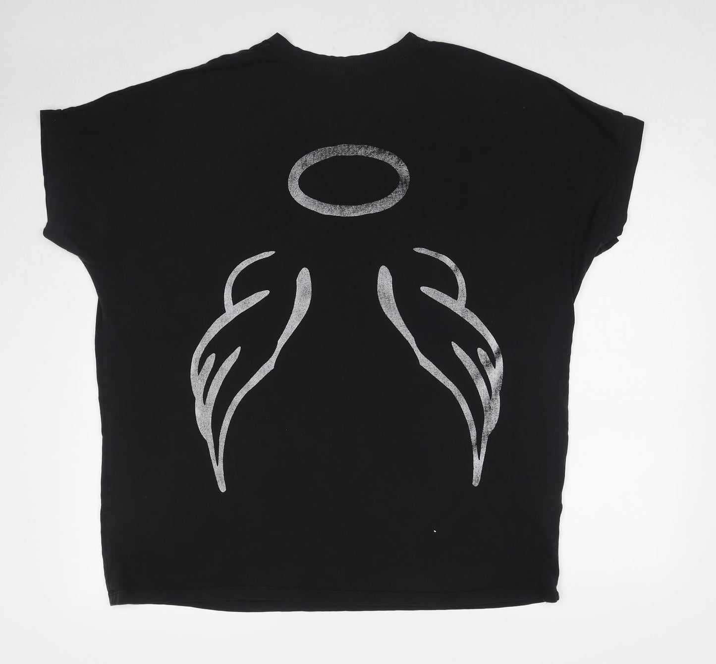 New Collection Womens Black Polyester Basic T-Shirt One Size Round Neck - Angel Wings and Halo